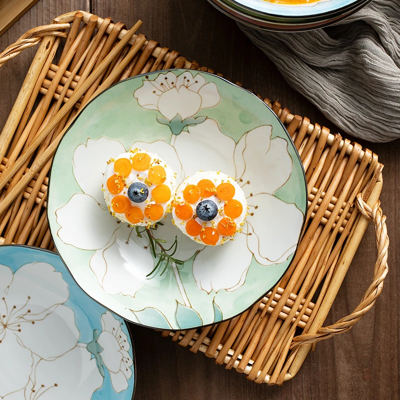 有谷窑日式木莲花8.3英寸釉下彩家用菜盘陶瓷餐具个性创意分餐盘