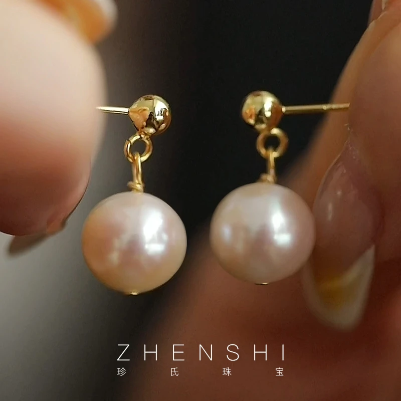 珍氏珠宝.天然淡水珍珠 正圆极光 大点位经典时尚耳环耳饰 (晨露)