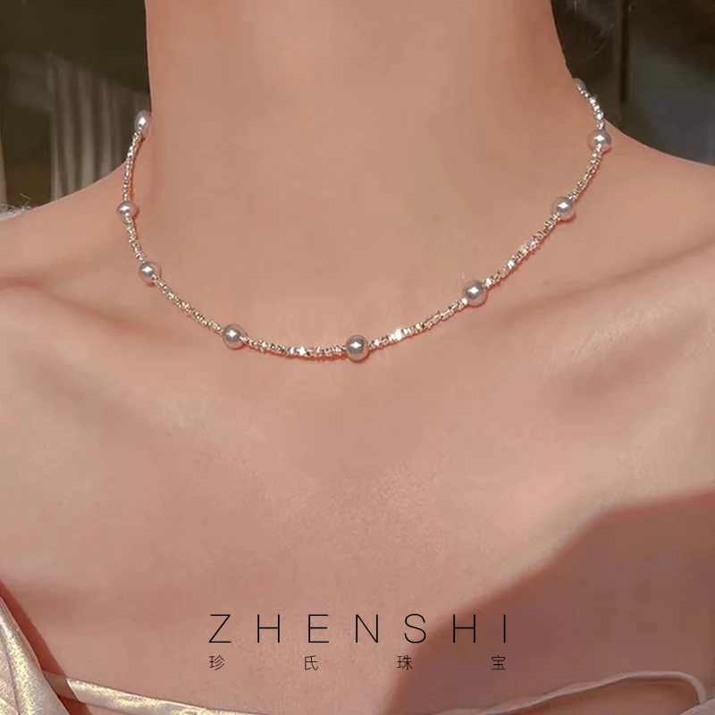 珍氏珠宝 正圆强光淡水珍珠项链女 爆闪碎银设计轻奢锁骨链(银河)