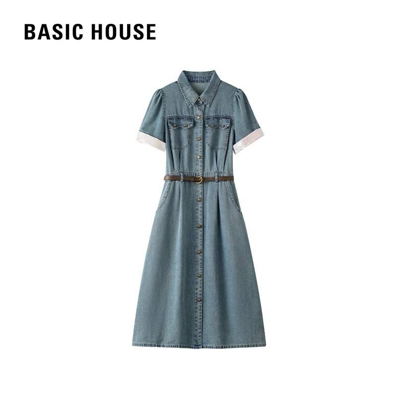 Basic House/百家好夏季气质时尚复古夏季修身休闲设计感连衣裙