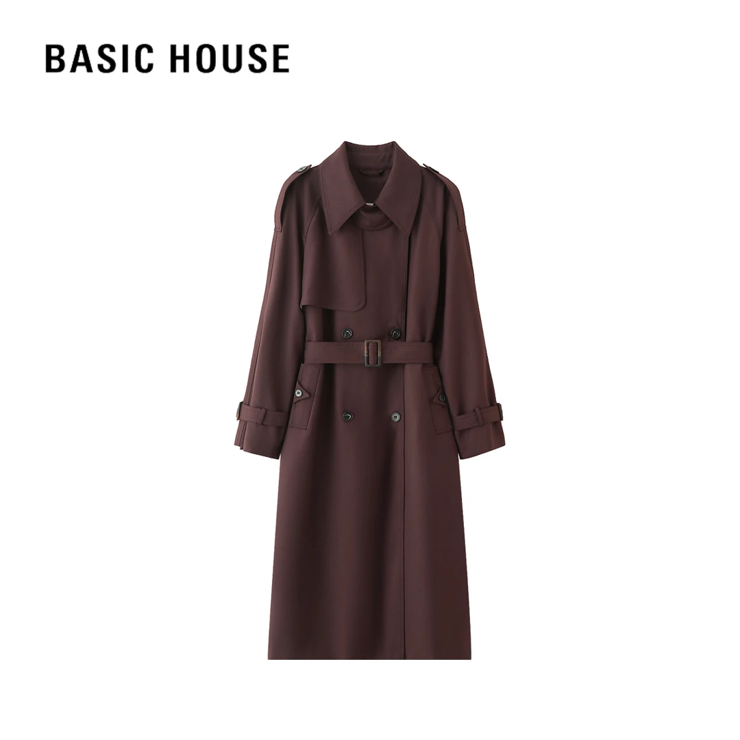 Basic House/百家好春季时尚百搭显瘦设计师翻领双排扣系带风衣1