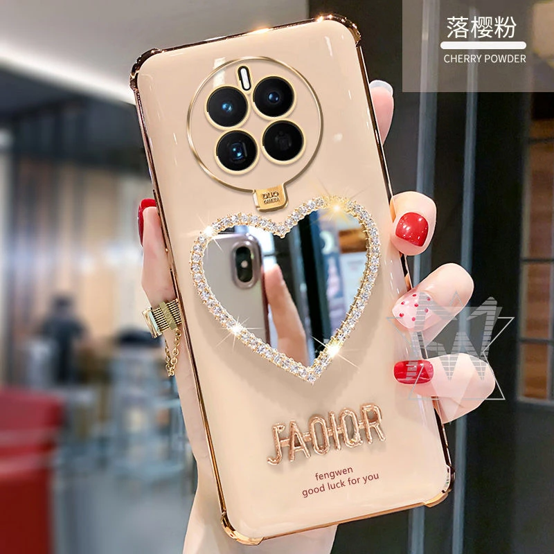 华为Mate50手机壳全包气囊防摔mate50电镀硅胶爱心化妆镜子保护套