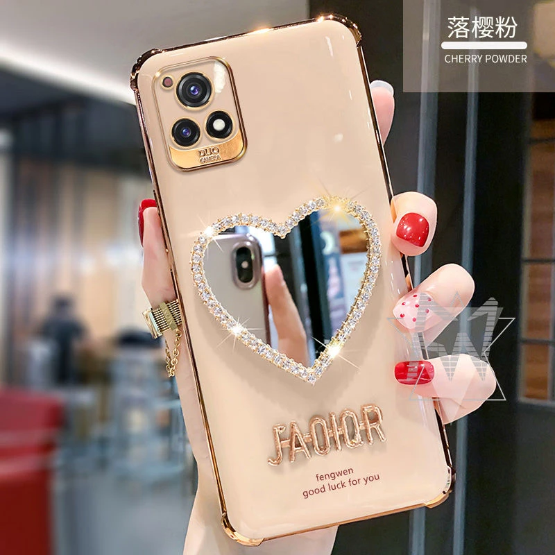 vivoy31s手机壳全包边气囊防摔Y31s爱心化妆镜子电镀硅胶新款软壳