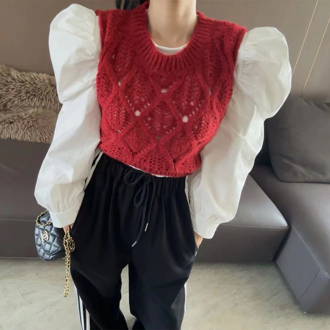 【搭配小能手】韩系百搭时尚重工镂空菱格纹编织针织背心