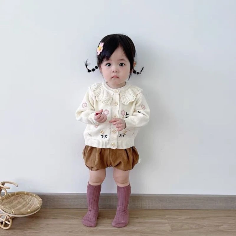 ins春秋装女宝宝花朵绣花荷叶领开衫毛衣婴幼儿百搭长袖针织外套