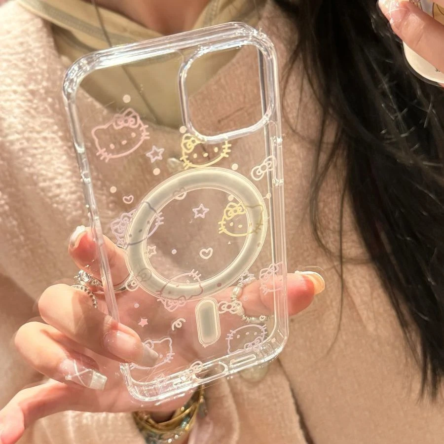卡通线条KT猫适用iPhone14手机壳15promax磁吸苹果12可爱13大孔11
