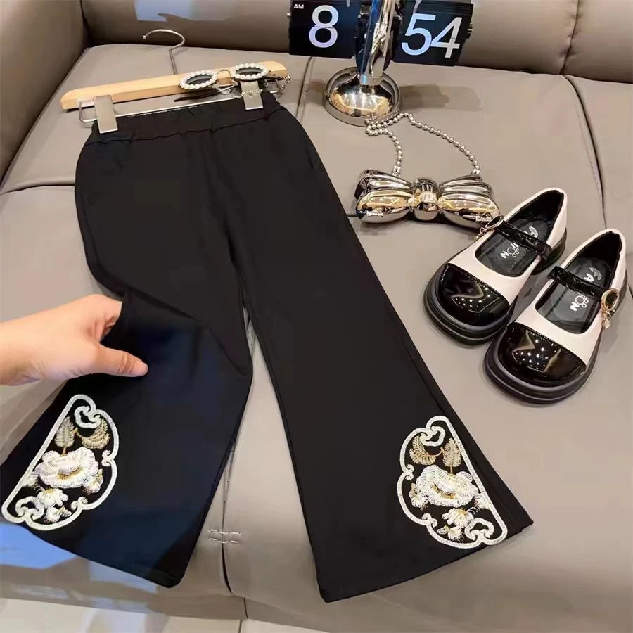 女童国风直筒微喇裤2024春季新款国潮儿童新中式裤子