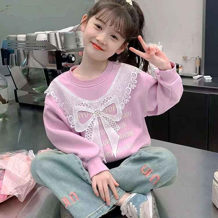 女童卫衣春季2024新款洋气童装儿童春装蝴蝶结衣服女孩春秋款上衣