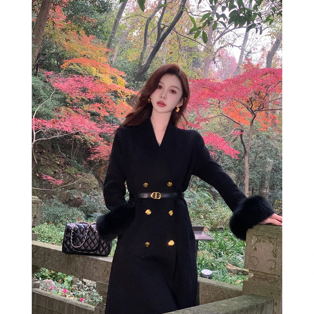 AZZHEN【伦敦晨雾】狐狸毛双面腰带显瘦高级羊毛大衣AZ4KMD10-00