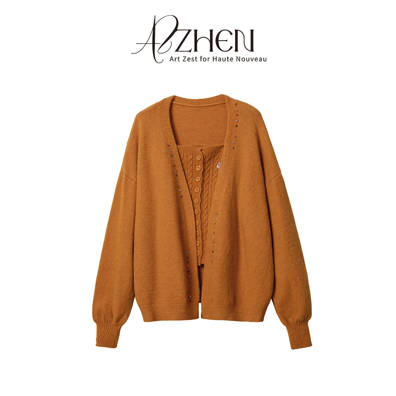 AZZHEN【慵懒调性】秋冬慵懒感针织开衫吊带搭配麻花吊带背心两件套