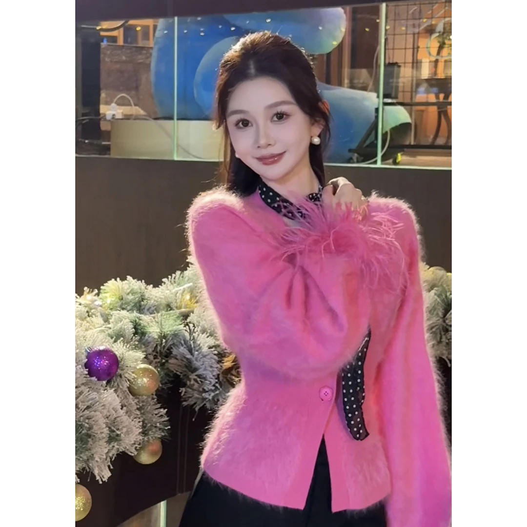 AZZHEN【缪斯莓果】轻奢贵气感收腰羊绒 灯笼袖V领开衫