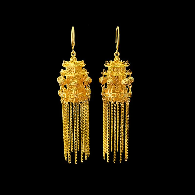 黄铜耳饰 诗施坊中式镀金宫灯耳环气质轻奢古风凉亭长款流苏耳坠
