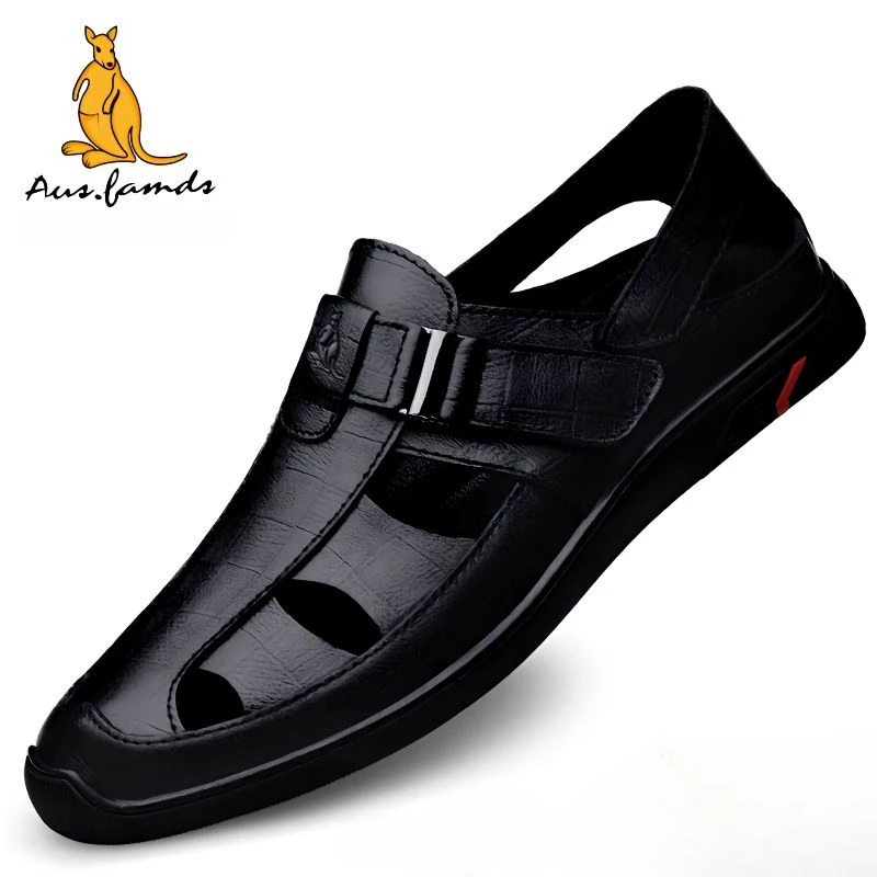 澳洲名袋鼠软底商务防滑夏季镂空韩版洞洞鞋男士真皮透气凉鞋鞋子