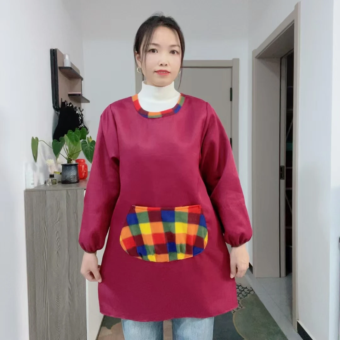 成人家用防水防油长袖大口袋围裙时尚罩衣反穿衣做饭罩衣女厨房