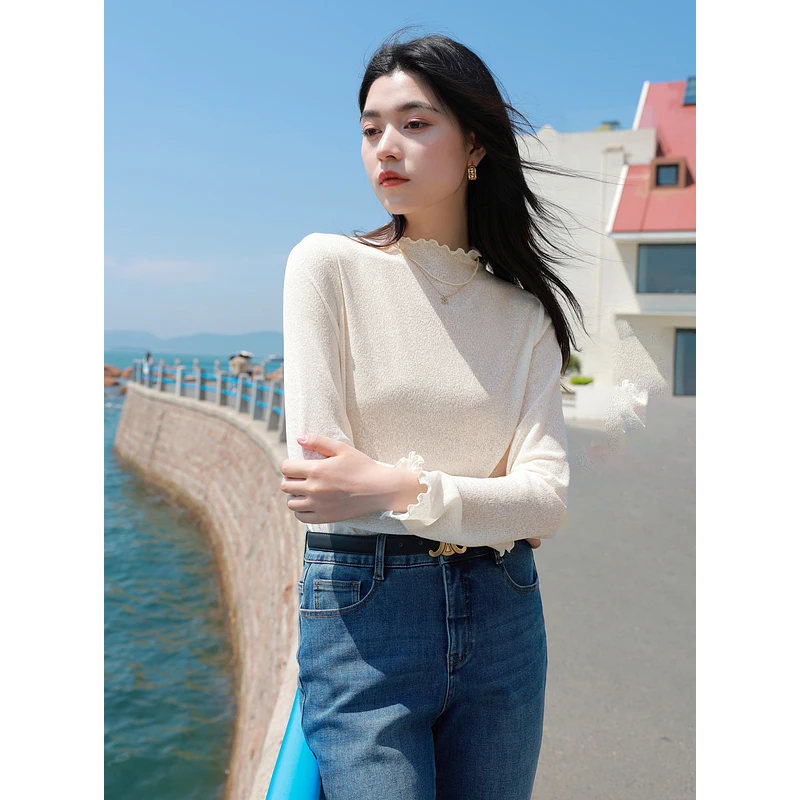 大码女装2025春季新款浪漫立领蕾丝衫套头打底衫长袖显瘦胖MM