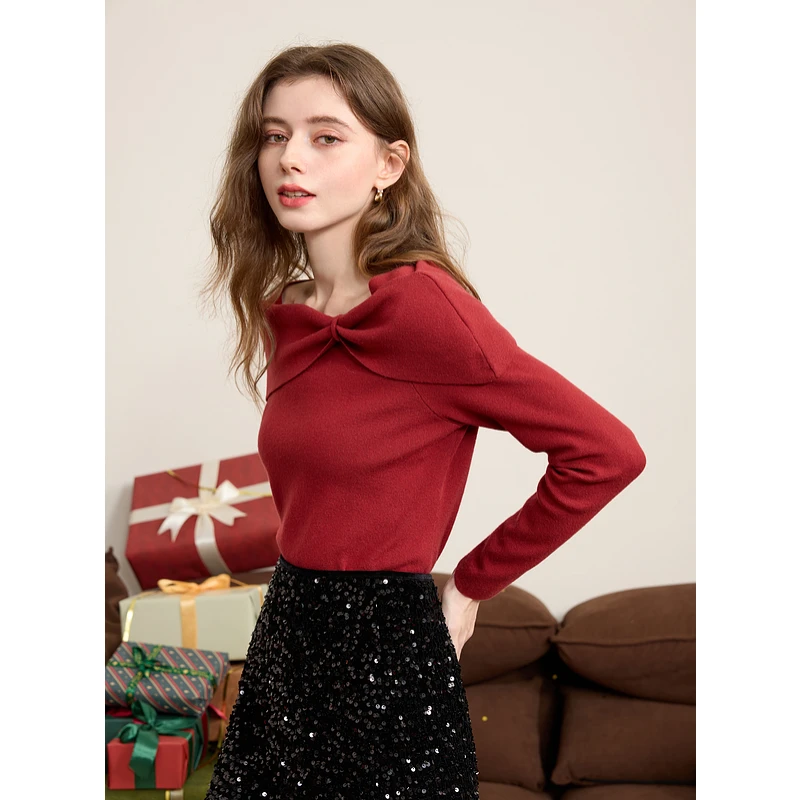 【三彩新年系列】独醒2025春季新款战袍毛衣一字肩针织衫上衣女F