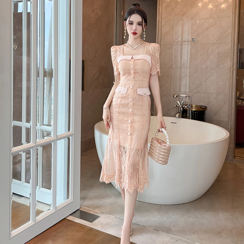 20588时尚气质小众夏季显瘦轻奢优雅修身复古名媛蕾丝连衣裙