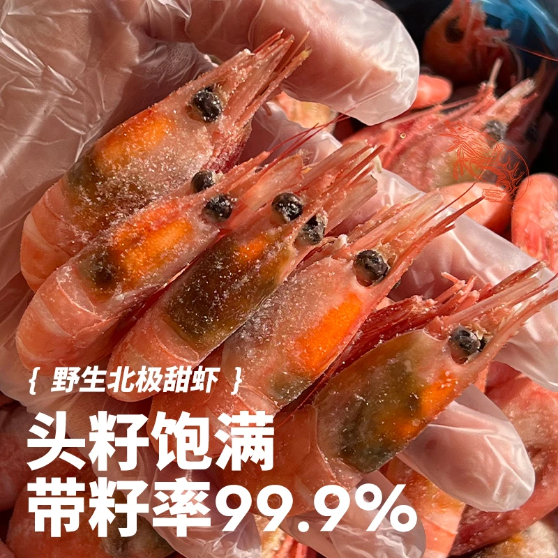 北极甜虾头籽虾深海野生虾青头虾海藻头黑头虾熟冻即食冰虾元宝虾