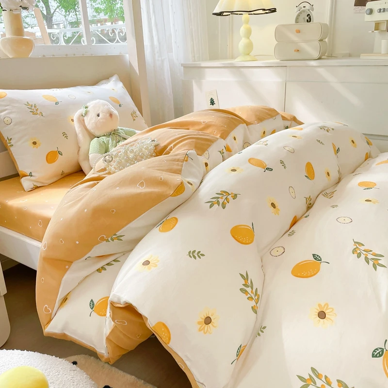 100%纯棉小清新磨毛三件套印裸睡透气学生宿舍用单人全棉床单被套