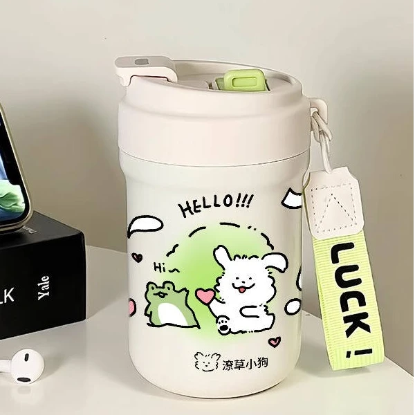 恒度潦草小狗超萌保温杯女孩316不锈钢杯子可爱学生带吸管水杯ins