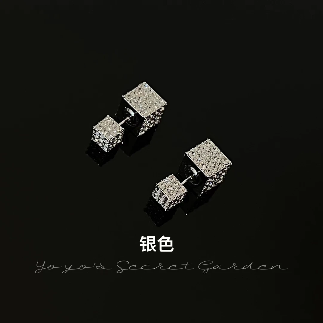 铜合金合成锆石耳饰 030高级! 重工满钻微镶方块银色耳环