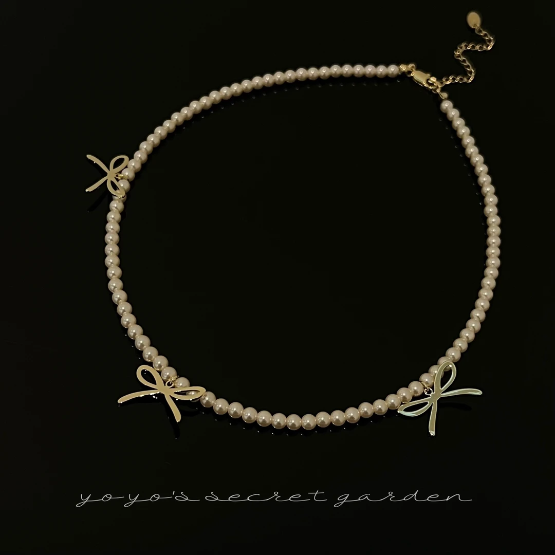 铜合金仿珍珠项链 甜美气质三个金属蝴蝶结贝珠锁骨链项链640