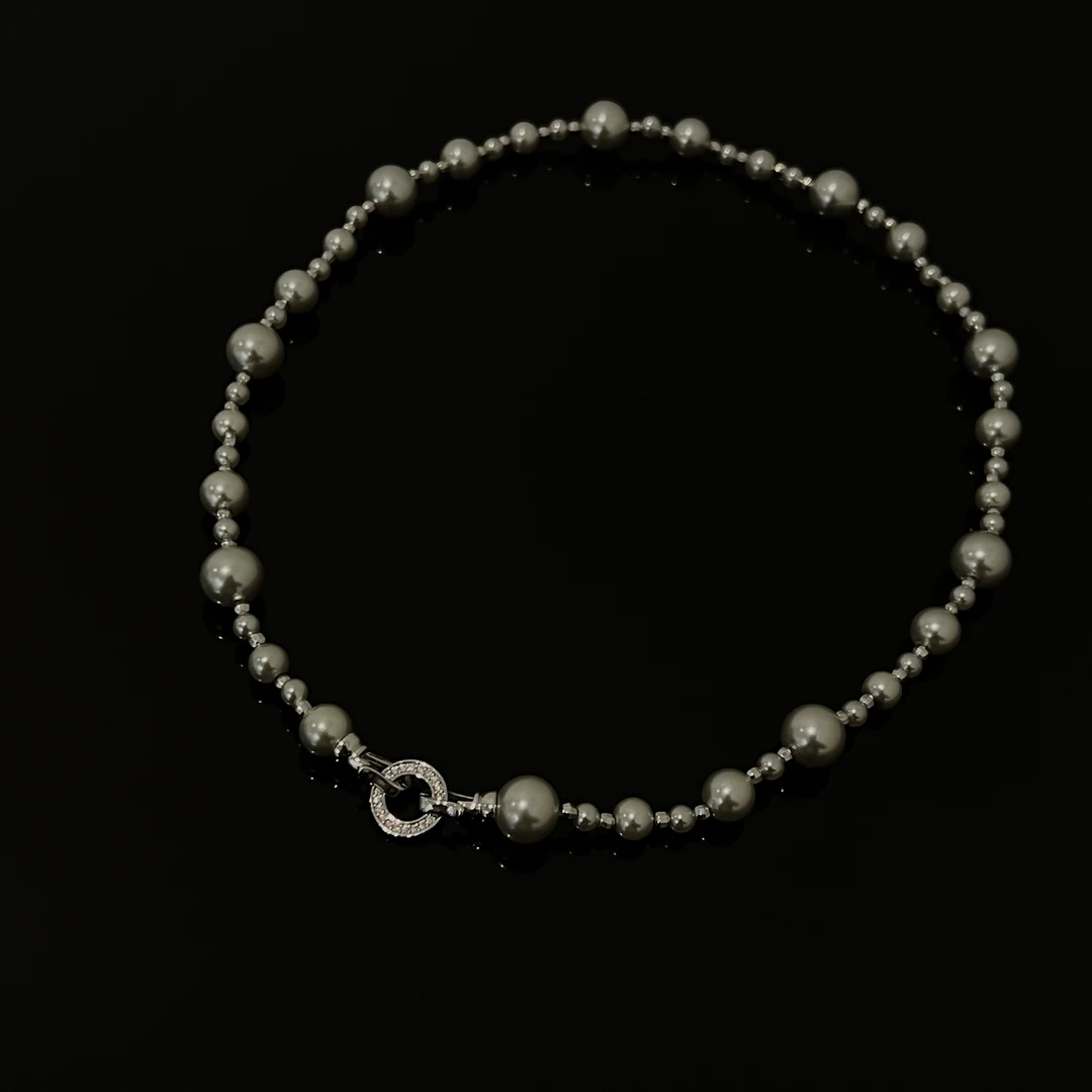 铜合金仿珍珠项链 7776秋冬灰珠带钻扣毛衣链不可调节