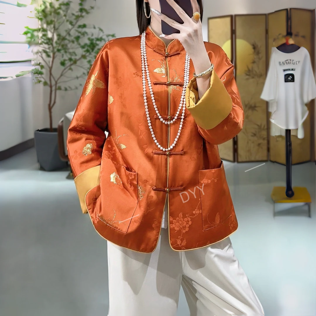 《董太推荐》冬装气质中式立领百搭桑蚕丝金色蝴蝶提花宽松棉服