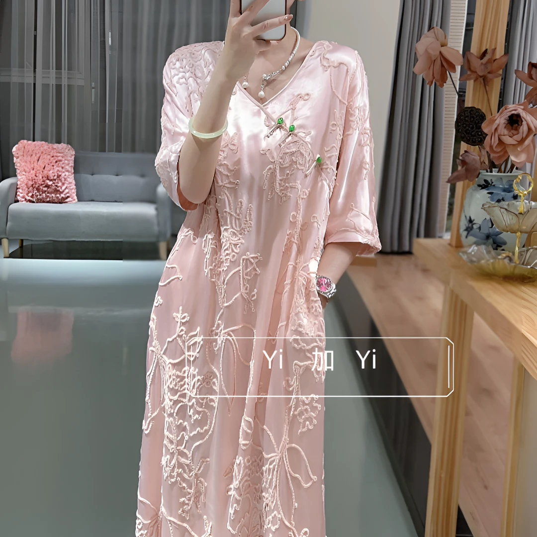 《董家推荐》复古气质重工手摇花开叉国风显瘦中长款宽松连衣裙