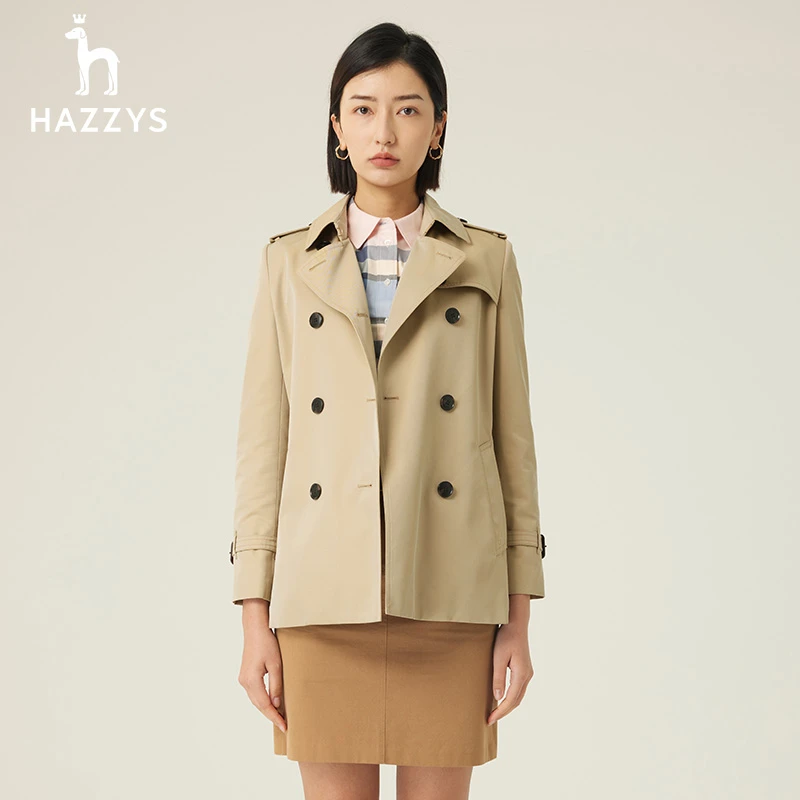 Hazzys哈吉斯女士秋冬双排扣通勤轻职场风衣经典翻领休闲短款外套