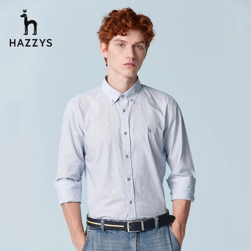 Hazzys哈吉斯春夏男士长袖衬衫时尚男装条纹衬衣百搭经典上衣