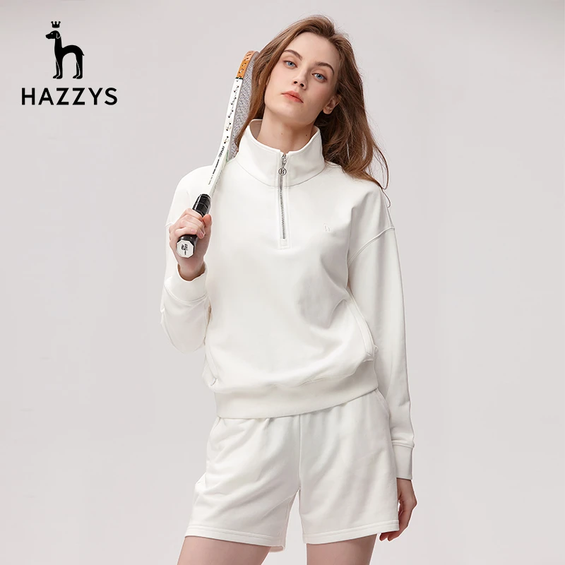 Hazzys哈吉斯立领宽松卫衣女士休闲粉色春季洋气英伦风长袖T恤女