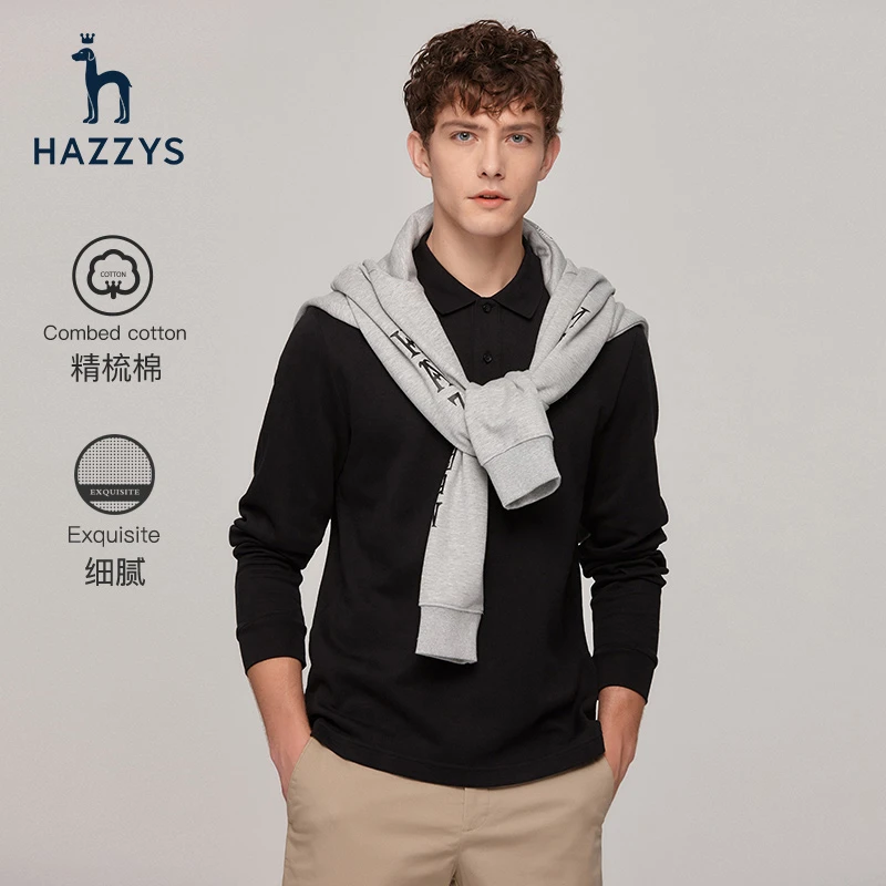 Hazzys哈吉斯男士长袖T恤翻领polo衫舒适宽松套头休闲打底上衣潮