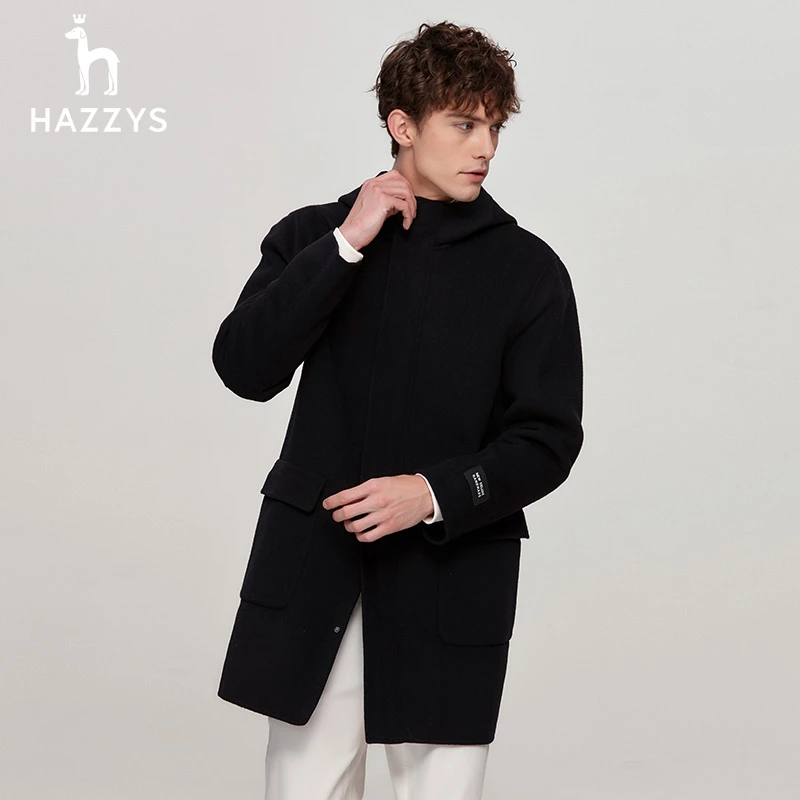 Hazzys/哈吉斯秋冬男士时尚休闲连帽毛呢中长款商务舒适大衣外套