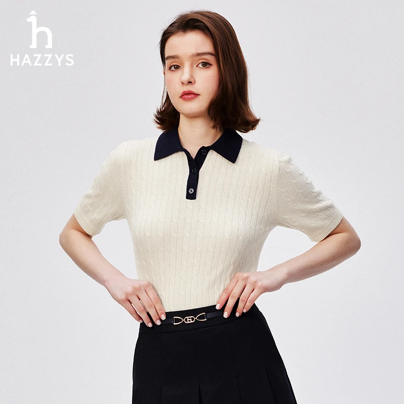 Hazzys哈吉斯秋季女士短袖POLO领毛针织衫时尚休闲绵羊毛气质毛衣