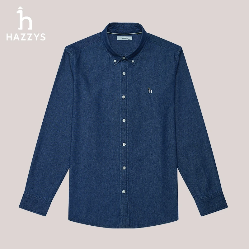 Hazzys哈吉斯男士秋季百搭时尚简约牛仔衬衫纯色休闲翻领衬衣