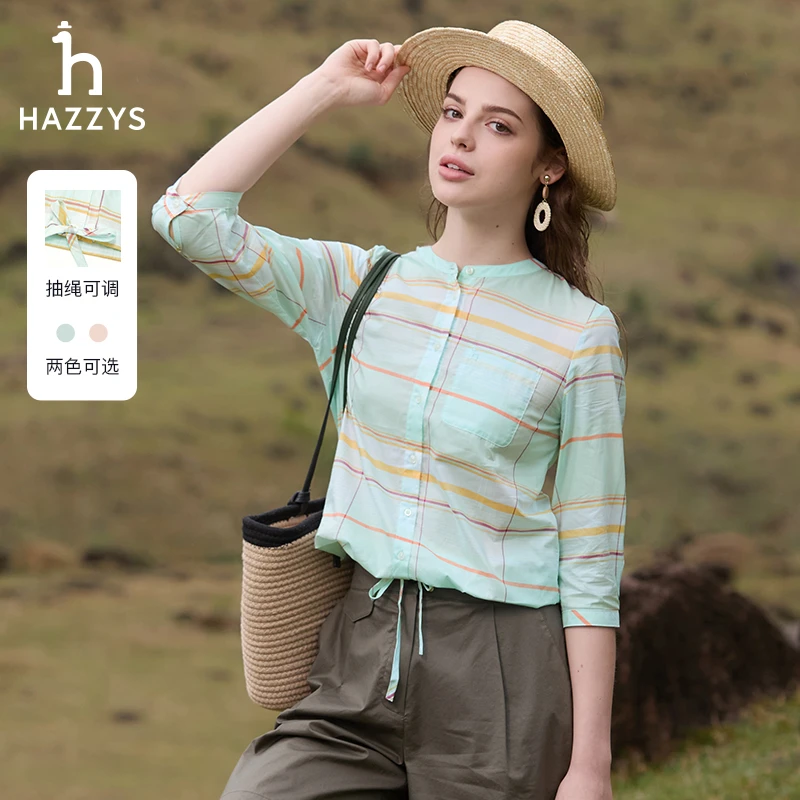 Hazzys哈吉斯女士夏季格纹休闲衬衫简约大气小众气质五分袖衬衣