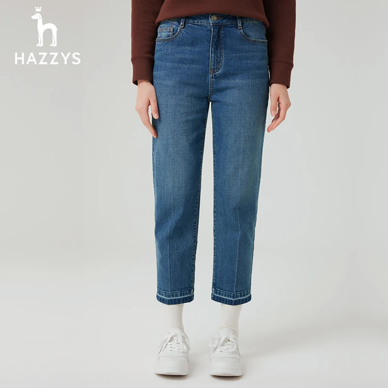 Hazzys/哈吉斯秋冬女士丹宁风休闲水洗百搭直筒裤百搭通勤牛仔裤