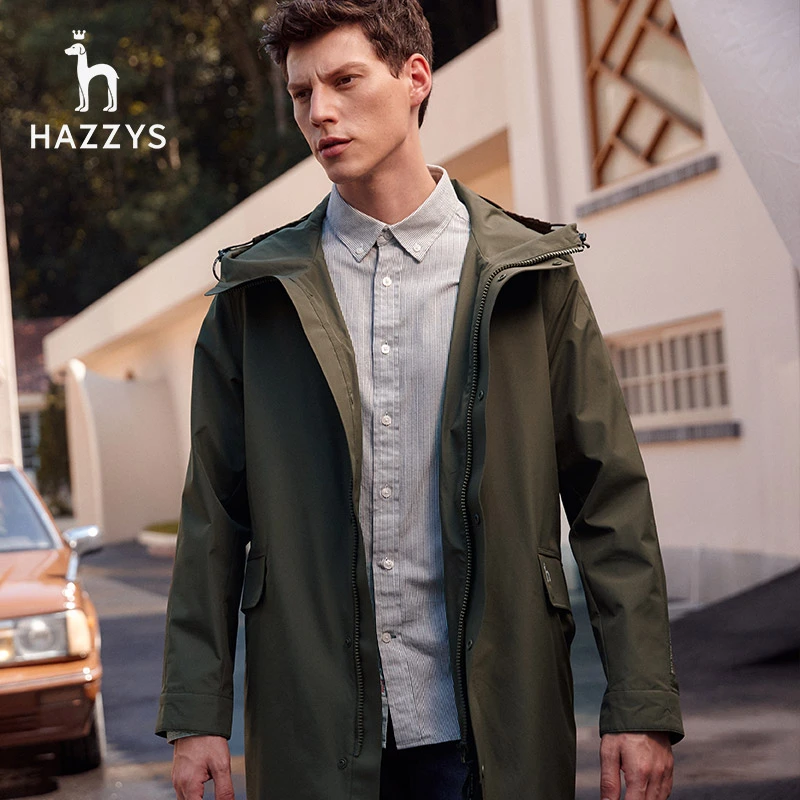 Hazzys哈吉斯中长款休闲商务风衣纯色英伦时尚工装夹克连帽外套男