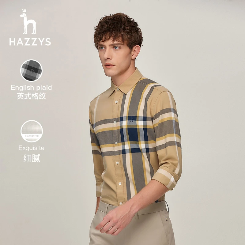 Hazzys哈吉斯冬季男士长袖格子翻领衬衫英伦休闲格纹复古衬衣男潮