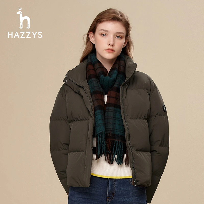 Hazzys哈吉斯冬季女士鸭绒立领短款羽绒服英伦时尚休闲面包服外套