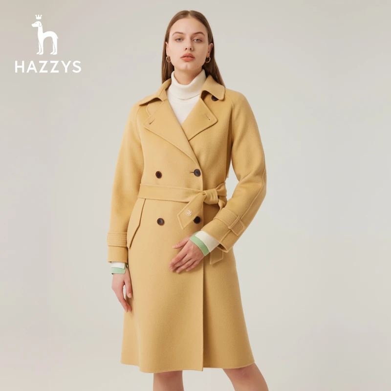 Hazzys哈吉斯秋冬季女士双排扣毛呢外套中长款双面呢绵羊毛大衣