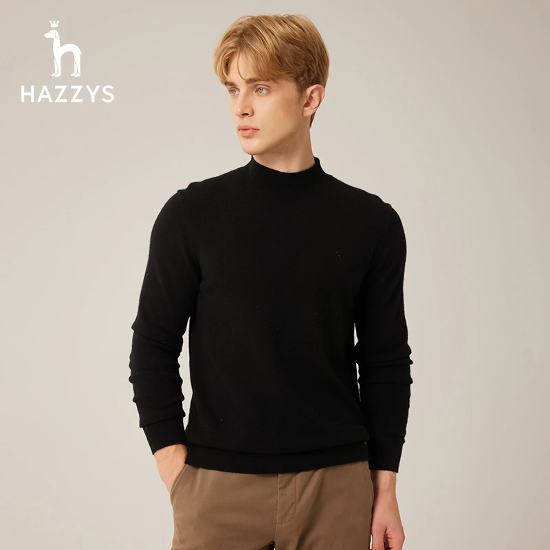 Hazzys哈吉斯秋冬男士羊绒毛衣时尚简约舒适圆领纯色休闲针织衫男