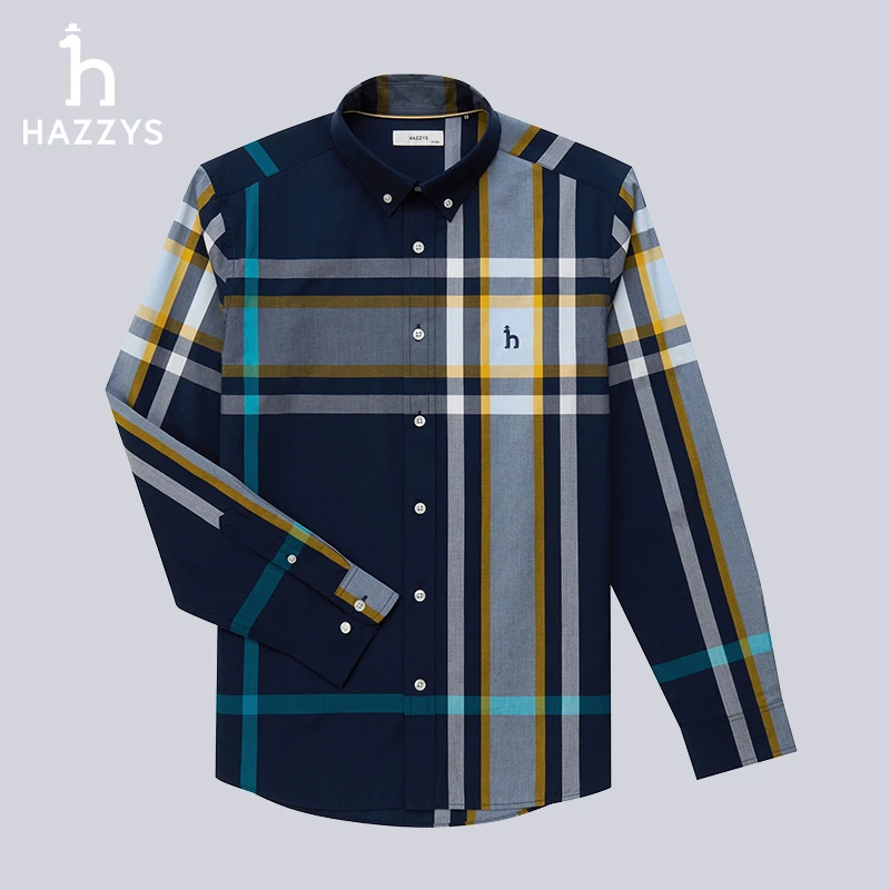 Hazzys/哈吉斯春季男士长袖休闲时尚经典翻领格纹衬衫撞色衬衣