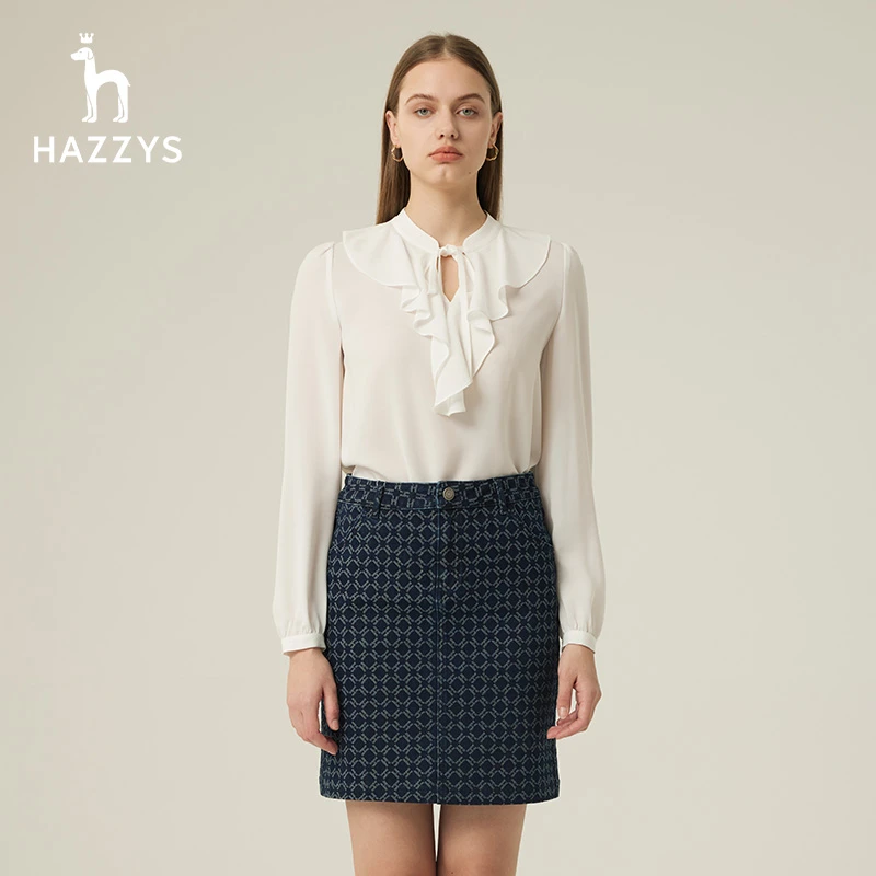 Hazzys哈吉斯春秋百搭优雅气质长袖衬衫上衣女士时尚舒适衬衣