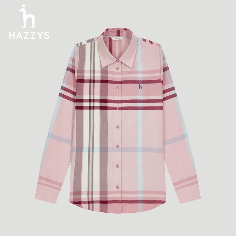 Hazzys/哈吉斯秋季女士时尚休闲撞色长袖翻领经典格子通勤衬衫