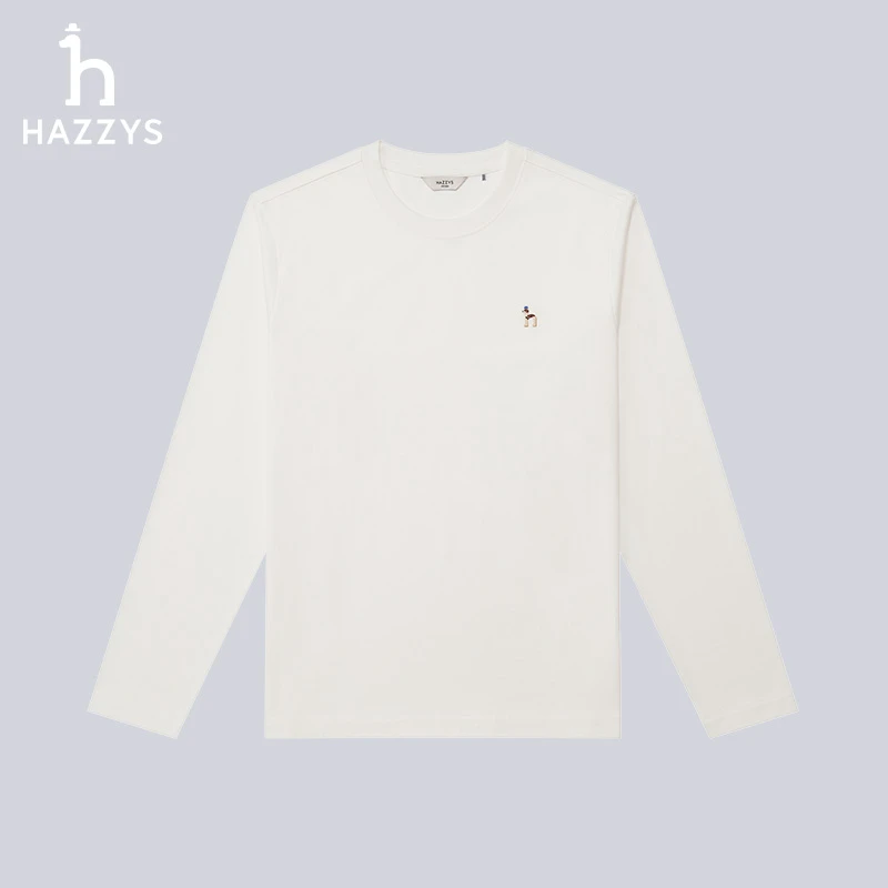 Hazzys哈吉斯春季男士长袖T恤衫时尚经典百搭宽松休闲纯色圆领棉T