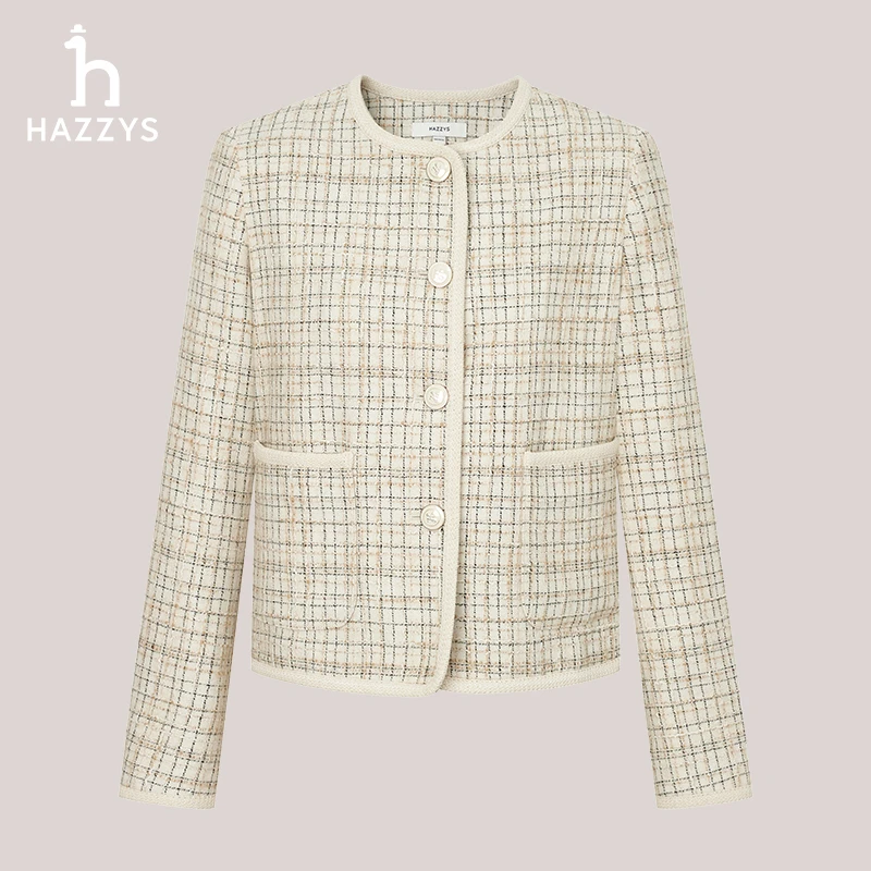 Hazzys哈吉斯秋季女士上衣女外套小香风气质短款千鸟格格纹长袖