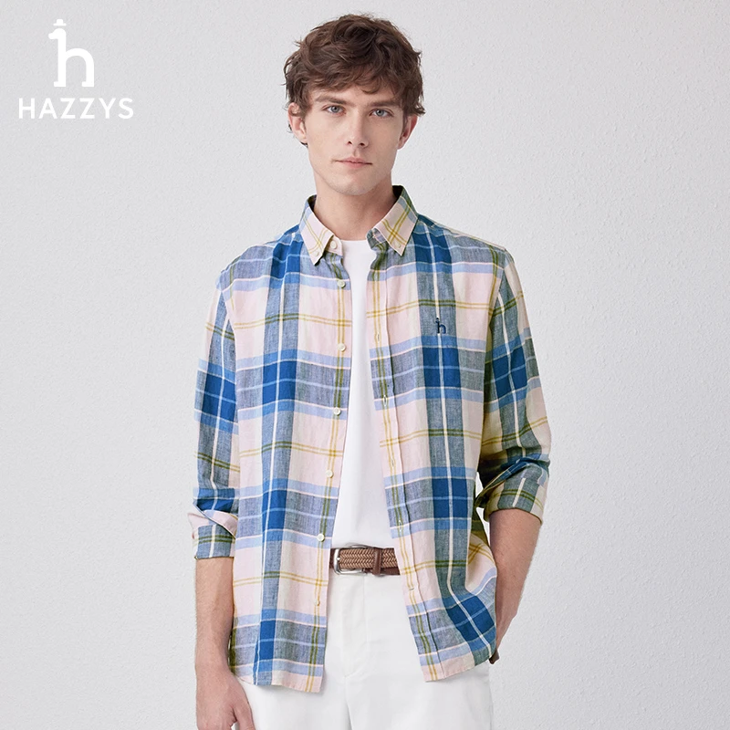 Hazzys/哈吉斯春季男士休闲时尚长袖衬衣经典格纹打底衬衫撞色