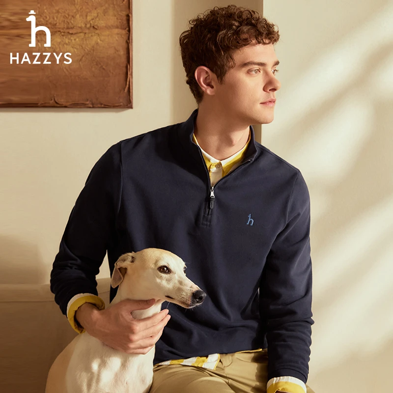 HAZZYS哈吉斯秋冬季男士时尚休闲长袖T恤衫上衣立领半开襟卫衣